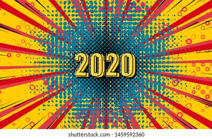 Bright sunbeams background with Happy new year 2020 christmas card dots. Abstract background with halftone dots design. 