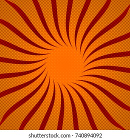 Bright sunbeams background with red dots. Abstract background with halftone dots design. Vector illustration.