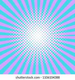 Bright sunbeams background with white dots. Abstract background with halftone dots design. Vector illustration.
