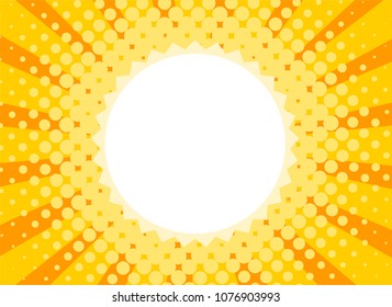 Bright sunbeams background with yellow dots. Abstract background with halftone dots design. Vector illustration.