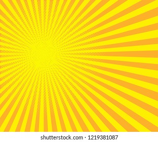 Bright sunbeams background with yellow dots. Abstract background with halftone dots design. Vector illustration.