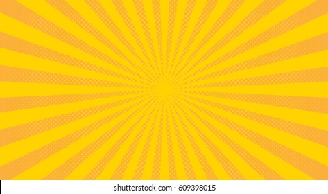 Bright sunbeams background with yellow dots. Abstract background with halftone dots design. Vector illustration.