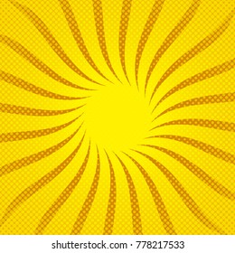 Bright sunbeams background with yellow dots. Abstract background with halftone dots design. Vector illustration.
