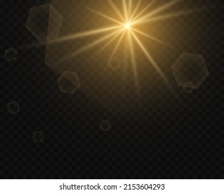 Vigas de sol brillantes, destellos de luz con resplandor y reflejo de la luz sobre un fondo transparente