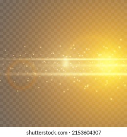 Vigas de sol brillantes, destellos de luz con resplandor y reflejo de la luz sobre un fondo transparente