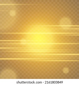Vigas de luz luminosas, un destello de luz con resplandor y reflejo de la luz, el resplandor de un foco, sobre un fondo transparente