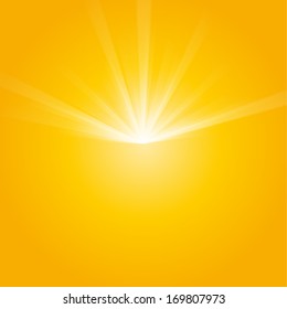 Bright sunbeams, shiny summer background with vibrant yellow & orange colors. Vector illustration. Perfect light striped background