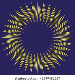 Bright sunburst frame. Yellow sharp rays. Dark blue contrast. Radiating light effect.