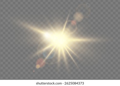 Heldere zonnebrand met gloeiende gele stralen en stralende flare. Abstract zonlicht effect met warme, glanzende gloed. Perfect voor zomer, weer en fantasie thema's. Vectorillustratie.
