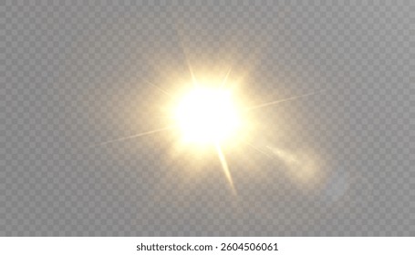 Bright sunburst with golden rays isolated on transparent background. Suitable for sun, glare and light effects in design.
