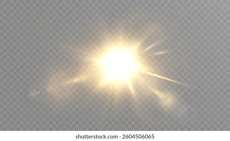 Bright sunburst with golden rays isolated on transparent background. Suitable for sun, glare and light effects in design.