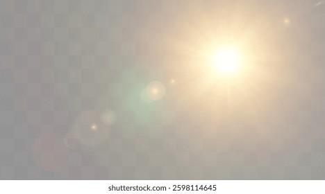Bright sunburst with lens flare effect on a light background. Perfect for adding warmth and glow. Vector Sun
