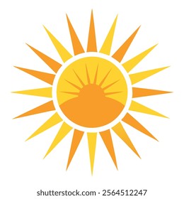 Bright sunburst logo in yellow and orange. Perfect for solar energy, branding, and summer themes. Available in vector format for versatile use.