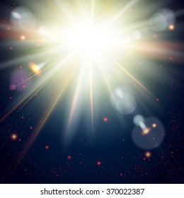 Bright sunburst on a Dramatic Cosmic background. Vector image.