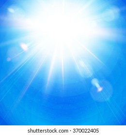 Bright Sunburst with radiating rays in a clear blue sky with sun flare in square format. Vector illustration.