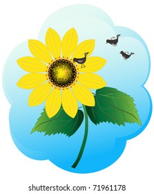 Bright sunflower and flight of sparrows