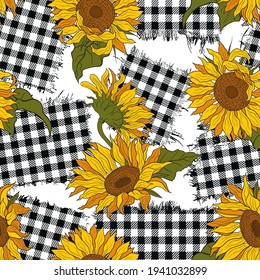 
Bright sunflower flowers on checkered patches. 
 Seamless vector pattern. Farmhouse Decor.
