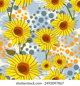 Flores de girasol brillantes patrón sin fisuras con fondo colorido abstracto. Plantilla para el diseño moderno de la tela, textil, envoltura