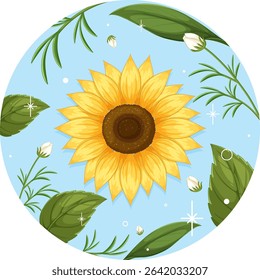 Bright sunflower illustration with green leaves and buds on a light blue background. Circular composition with a fresh, lively feel