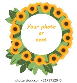 Bright sunflower wreath frame vector illustration isolated on white background