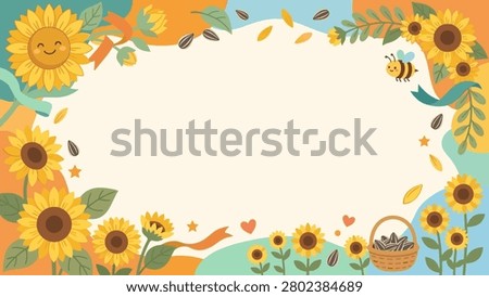 Bright Sunflowers and Cute Bee Frame Background A cheerful vector illustration featuring blooming sunflowers falling seeds leaves a cute smiling bee and a basket of sunflower seeds framing a central blank space in warm earthy colors suitable for summer invitations harvest festival banners and botanical designs