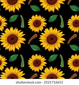 Bright sunflowers with green leaves on black background