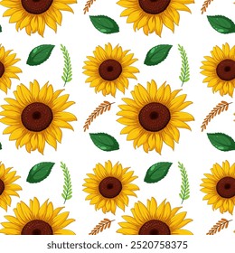 Bright sunflowers with green leaves and wheat