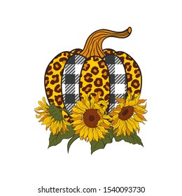 
Bright Sunflowers and Leopard Plaid Pumpkin. Farmhouse Decor. Vector illustration. 