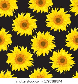 Bright sunflowers on a black background. Vector seamless pattern.