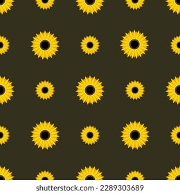 Bright sunflowers on a black background vector seamless pattern.