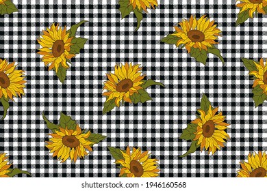 
Bright sunflowers on a black and white buffalo check  plaid. Vector seamless pattern. Floral design.