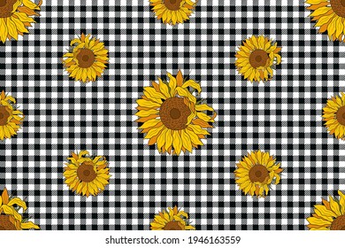 
Bright sunflowers on a black and white buffalo check  plaid. Vector seamless pattern. Floral design.
