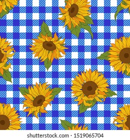 
Bright sunflowers on a checkered background. Vector seamless pattern. Hand drawn floral illustration.