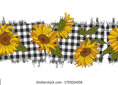 
Bright sunflowers on a checkered background. Vector border scrappy  seamless pattern. Hand drawn floral illustration.
