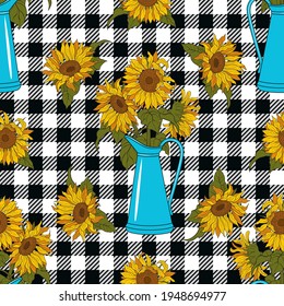 
Bright sunflowers in a tall blue jug on a black and white buffalo check plaid. Vector seamless pattern. Floral design .
