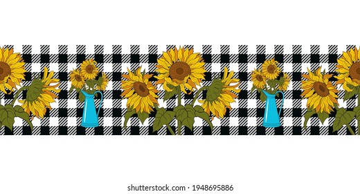 
Bright Sunflowers In A Tall Blue Jug On A Black And White Buffalo Check Plaid. Vector Border Seamless Pattern. Floral Design  Ribbon.
