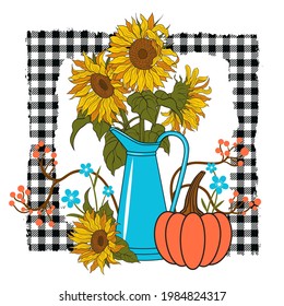   
Bright sunflowers in tall blue jug  pumpkin  flowers   branches and berries   buffalo check plaid frame   Fall still life  Vector  design 
