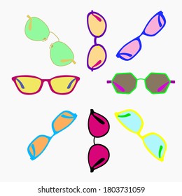 Bright sunglasses, rays from glasses, multi-colored glasses, vector graphics on a white background
