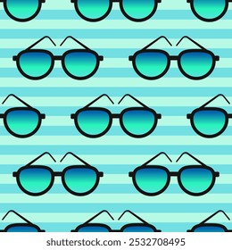 Bright sunglasses seamless pattern on striped background. Flat cartoon style vector illustration.