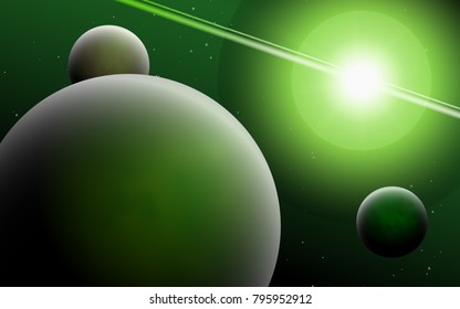 Bright Sunlight in the Cosmos. Beautiful Planets on Gradient Background. Space Abstraction. Planets in Space for Banner, Poster, Card, Web Design, Presentation, Wallpaper. Cosmos.