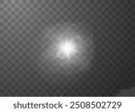 Bright sunlight glare with lens flare effect on a transparent background. Vector illustration of a radiant light burst with glowing orbs and light streaks.