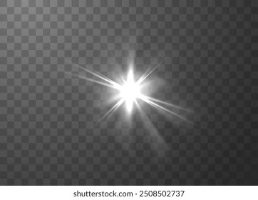 Bright sunlight glare with starburst effect. Vector illustration of a shining light burst with rays and lens flare on a transparent background.