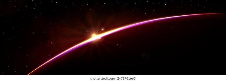 Luz solar brillante en el horizonte del planeta oscuro. Ilustración realista del Vector de la galaxia espacial con el cielo estrellado de la noche, sol que brilla detrás de la tierra, fondo del juego de la exploración del cosmos, telón de fondo de la ciencia ficción