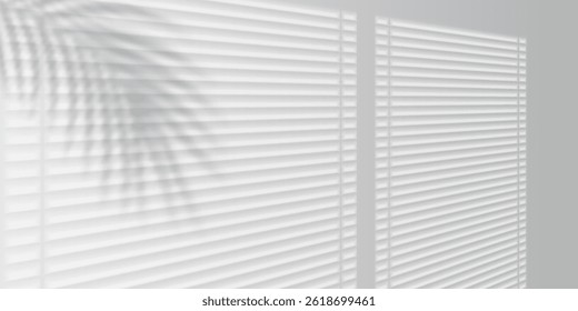 Luz solar brilhante através de persianas de janela com sombra de folha de palma, fundo interior branco mínimo, atmosfera relaxada e fresca para projetos de Web, marca e impressão. Ilustração de vetor.
