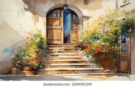 Bright sunlit door, cyprus old door art watercolor painting with large copyspace. white background. Hand painted with watercolor paint and brushes.