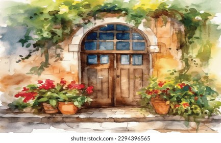 Bright sunlit door, cyprus old door art watercolor painting with large copyspace. white background. Hand painted with watercolor paint and brushes.