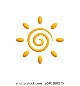 Bright Sunny 3D Sun Icon with Spiral Center and Glossy Rays, Isolated on White. Happy Childish Logo for Vacation, Tropical Fun, or Solar Energy Concepts. Vector Illustration.