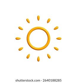 Bright Sunny 3D Sun Icon with Circular Ring and Soft Rays, Isolated on White. Happy Childish Logo for Vacation, Summer Fun, or Solar Energy Branding. Vector Illustration.