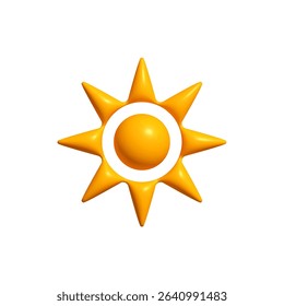 Bright Sunny 3D Sun Icon with Circular Center and Sharp Rays, Isolated on White. Happy Childish Logo for Vacation, Solar Energy or Warm Climate Concepts. Vector Illustration.