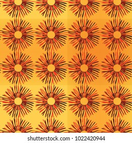 Bright sunny floral seamless pattern with sunflowers, orange outline on yellow background, sketch, doodle style. Vector hand drawing illustration of a floral cartoon card.